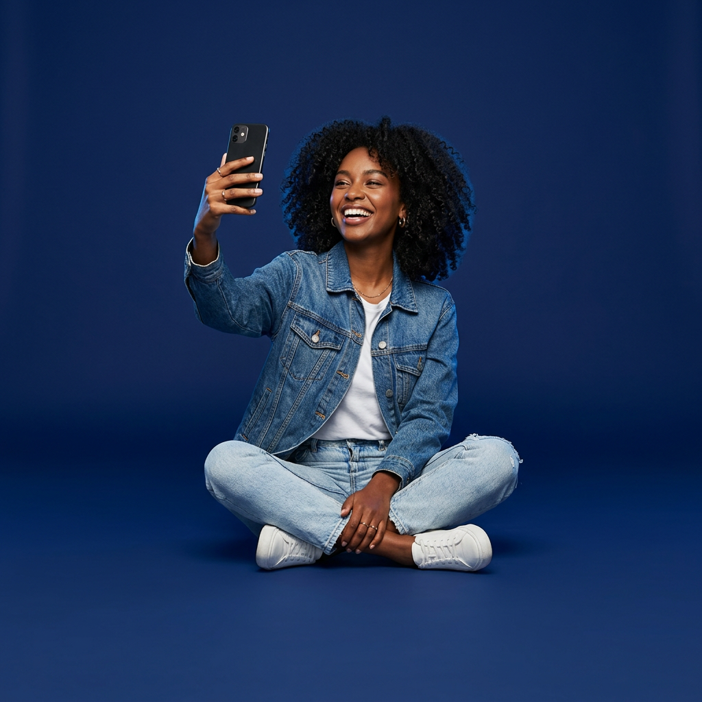 Mulher sorrindo tirando selfie com o celular