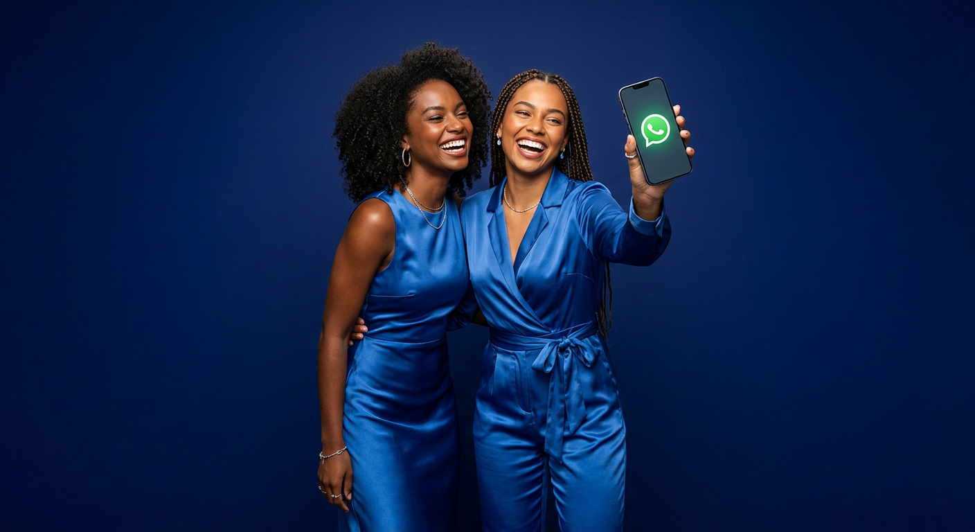 Duas mulheres sorrindo segurando um celular com o WhatsApp aberto
